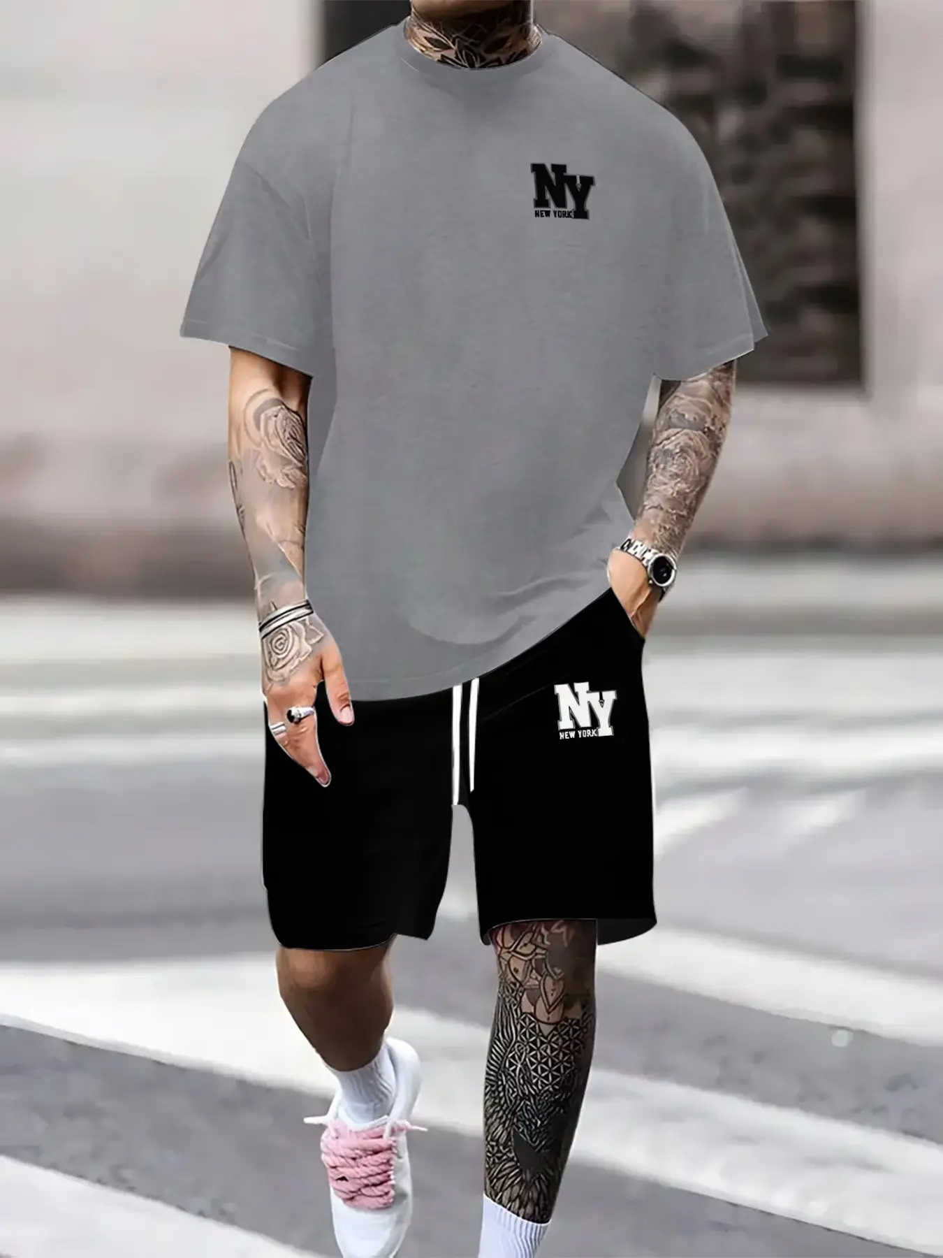 Men's Summer Casual Relaxed Fit Outfit Set Clothes with Short Sleeve Crew Neck T-Shirt and Drawstring Shorts, Pocketed, Comfortable, Breathable and Print for Everyday Wear
