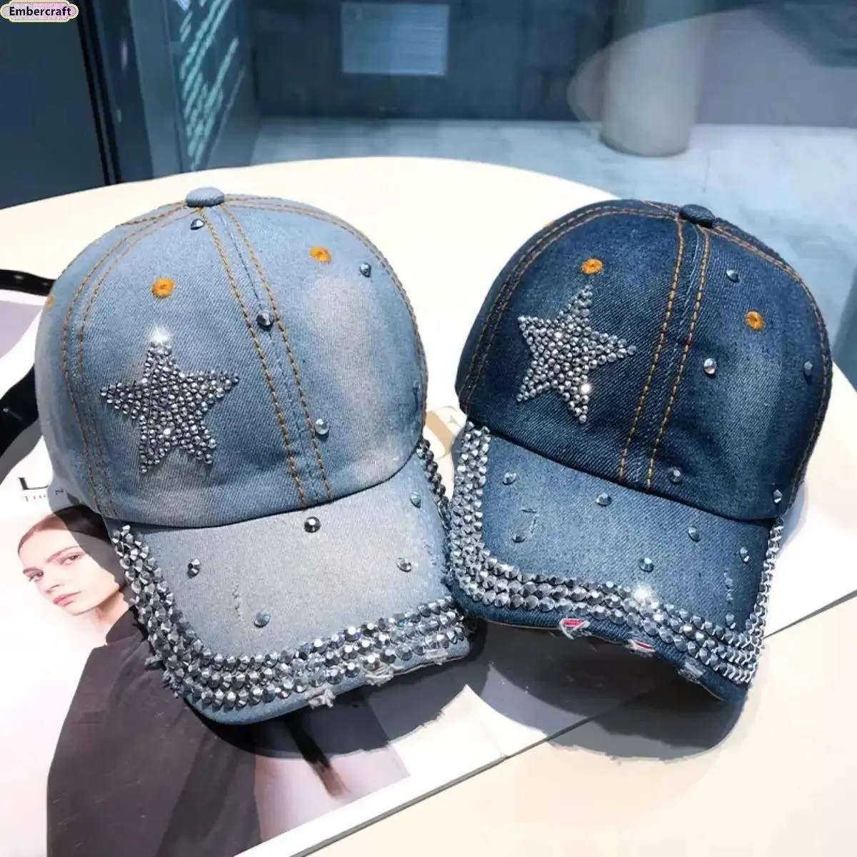 Viral Rhinestone Denim Baseball Cap for Women, Y2K Aesthetic Snapback Hat with Sparkly Star Detail, Retro Punk Streetwear Dad Cap, Adjustable Hip Hop Trucker Style Hat for Festival Outfit, Concert, Daily Street Fashion & Travel Looks