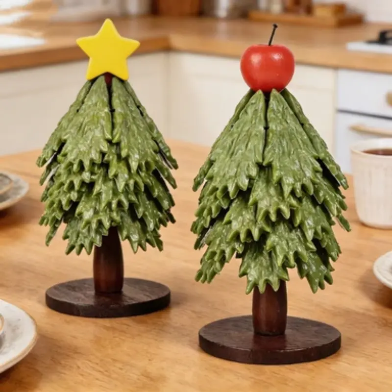 1pc Christmas Tree Foldable Wooden Coaster Set Heat‑Resistant Anti‑Scald Trivets for Hot Dishes Pot Bowl Teapot Detachable Transformable Solid Wood Table Mat Creative Holiday Desktop Decoration for Family Gatherings