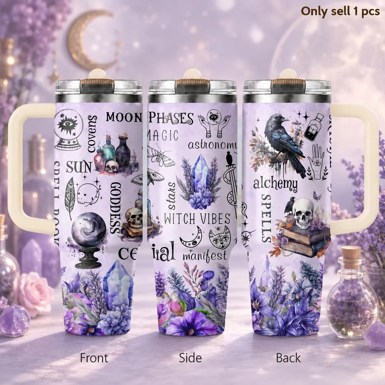 Purple Witch Magic 40oz Tumbler – Enchanted Gothic Stainless Steel Insulated Travel Cup with Handle & Straw Lid for Coffee, Water, Office, Gym, Car, Witchy Aesthetic Gift