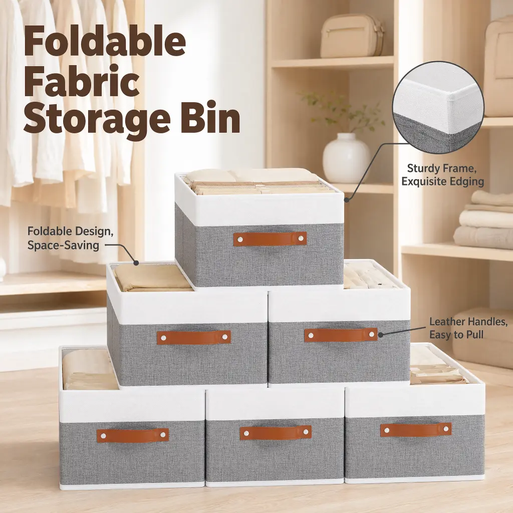 2 Pack 4 Pack 6 Pack Optional Collapsible Fabric Storage Bins With Reinforced Leather Handles, Foldable Clothes Organizer Boxes For Closet Drawer Bedroom Home Organization