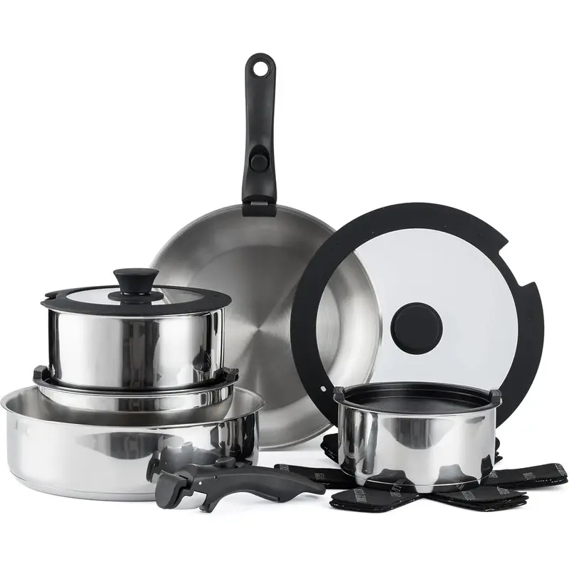 Country Kitchen Cookware Set with Removable Handle, Oven & RV Safe Pots and Pans Set, Stainless Steel, Original