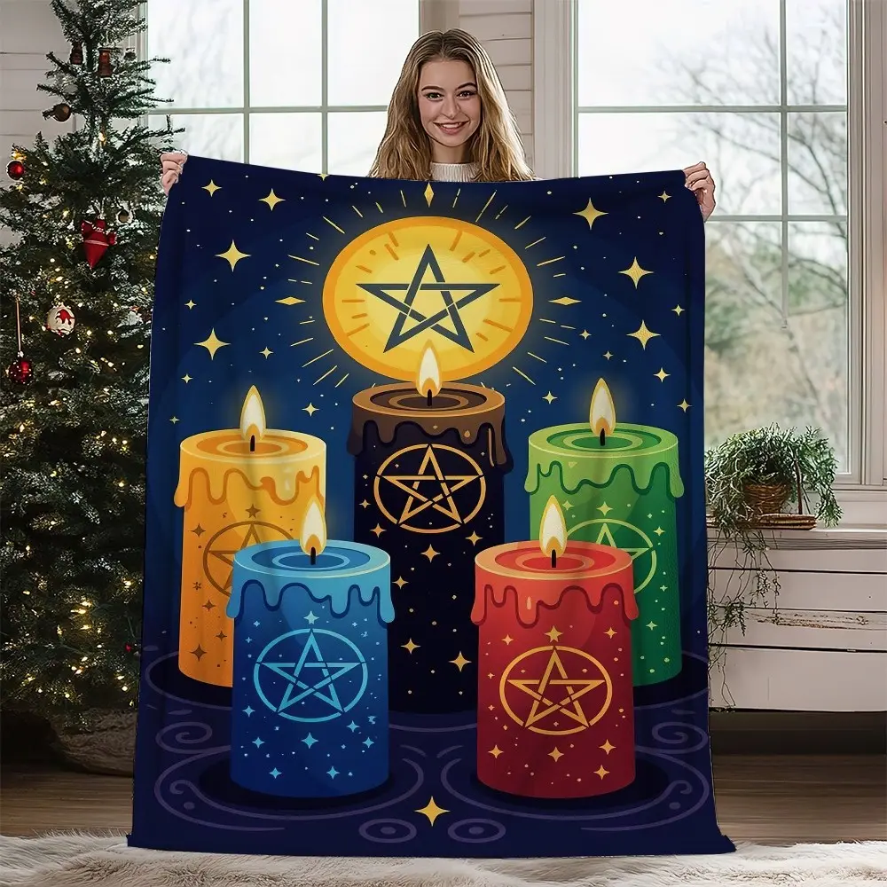 1PC  Colorful candles pentagram design blanket soft lightweight cozy for home decor gifting meditation relaxing warm evenings Flannel blanket, throw blanket, extra-large blanket, cartoon printed blanket