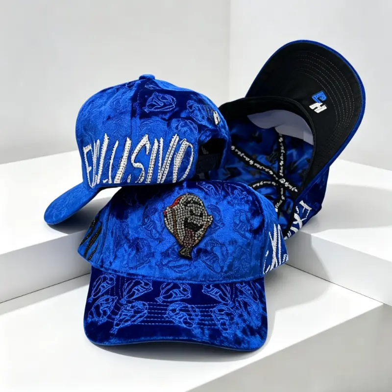 Barbas Hats x CT EXCLUSIVO Edgy Blue Velvet Embossed Rhinestone Cartoon Character Adjustable 1-Size Streetwear Baseball Cap, Premium Party Accessory