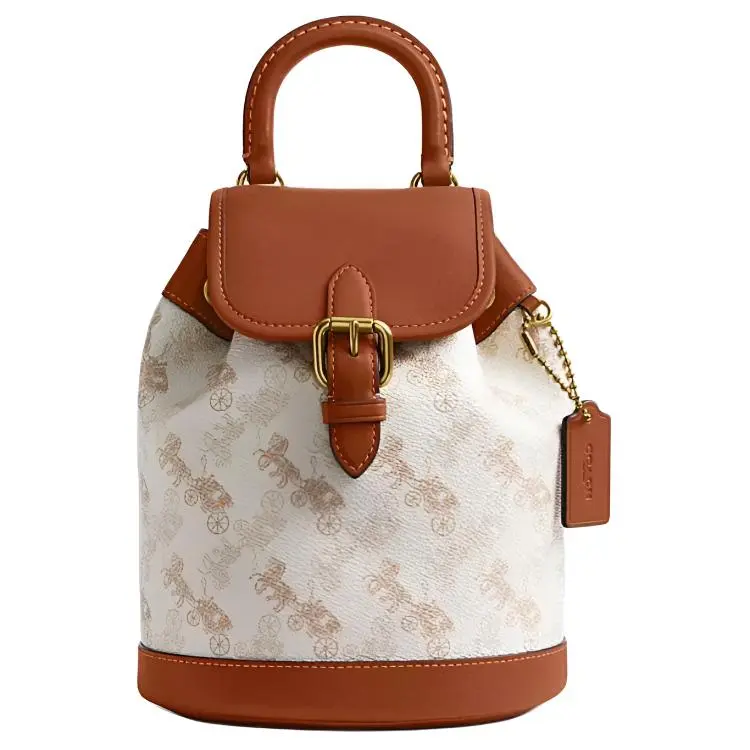 COACH Harper 17 Classic Monogram Coated Canvas and Leather Backpack for Women, Beige and Brown