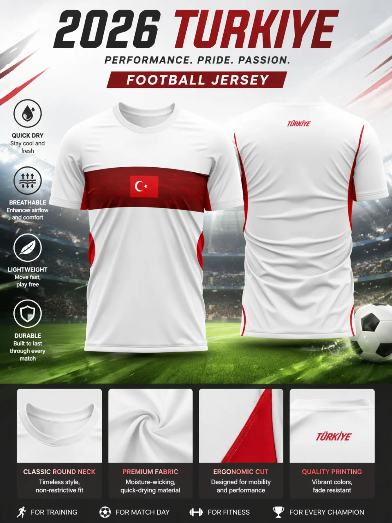 2026 Turkish Men's Soccer Jersey, Quick-Dry Breathable Mesh Short Sleeve, Slim Fit Sporty Top, Ideal for Games and Daily Wear