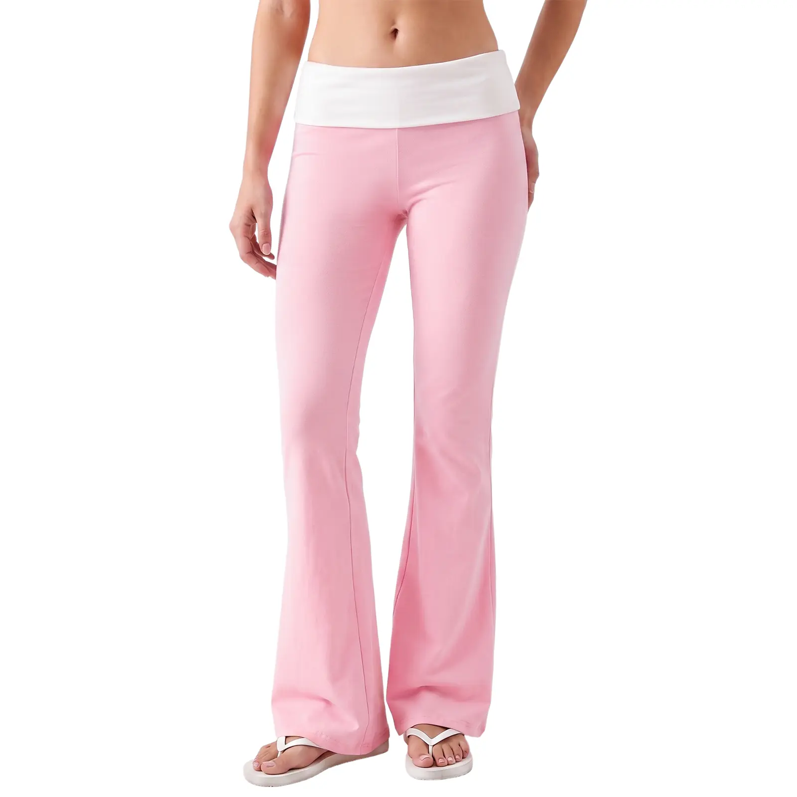 Women's Cotton Blend Bell Bottom Pants - Multicolor, Fold-Over Waist, Elastic Stretch, Flared Cut
