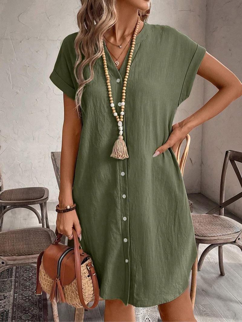 Women's Plain Notched Neck Batwing Sleeve Button Front Dress, Casual Short Sleeve Short Dress for Summer, Ladies Clothes for Daily Wear, Casual Everyday Wear