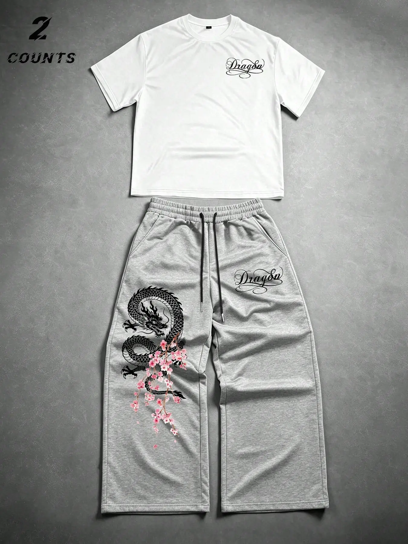 Y2K Streetwear Matching Casual Set Men Dragon Embroidered Print Baggy Joggers Sweatpants with Graphic Tee Comfort Fit 2 Piece Tracksuit for Teen Guys Hip Hop Dance Outfits