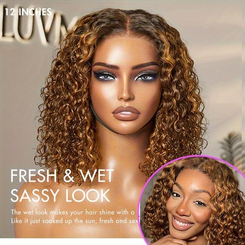 Fashion New Human Hair Bundles Highlight Honey Blonde Curly Bob Wig Human Hair 4/ 27 Ombre Highlight Lace Front Wigs Human Hair 13x4 Lace Short Curly Bob Wig Pre Plucked With Baby Hair 180% Density Wigs For Women