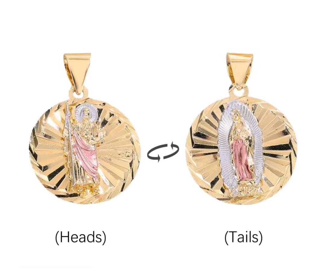 14K gold-plated Saint Jude medal pendant, religious Catholic jewelry, featuring green enamel details and a sunburst design. Suitable for both men and women, offering divine protection