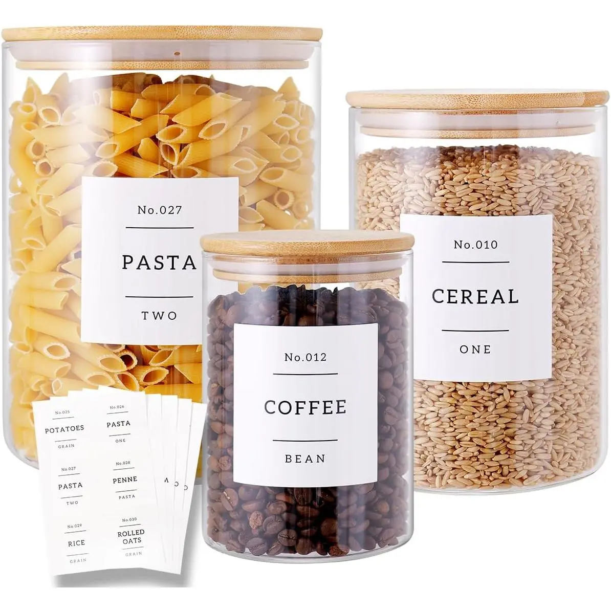 3 count Glass Canisters with Airtight   and 42 Kitchen Pantry Labels Preprinted - Clear Glass Flour and Sugar Storage Container Set - Large Glass Jars with  (100 OZ/54 OZ/27 OZ)