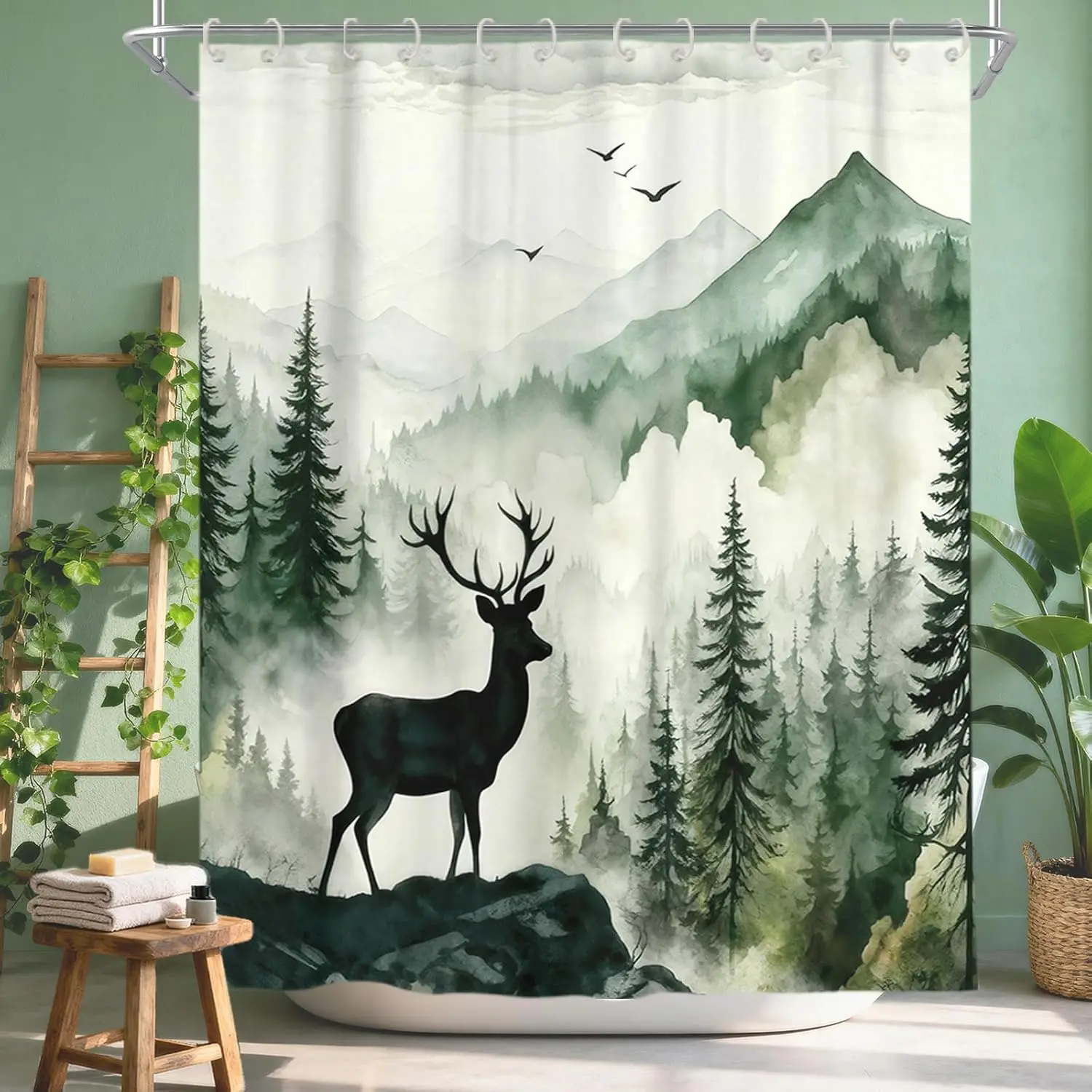 Misty Forest Deer Shower Curtain, Nature Mountain Landscape Modern Bathroom Decor, Waterproof Fabric Woodland Animal Shower Curtain Set Rustic Cabin Style, 72x72 Inch with Hooks