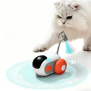 USB Charging Remote Control Interactive Cat Chasing Car Toy, Replaceable Fluff Feather Teaser, Smart Automatic Moving Play Toy to Release Energy for Small Medium Kittens Indoor Home Use set gifts pet training