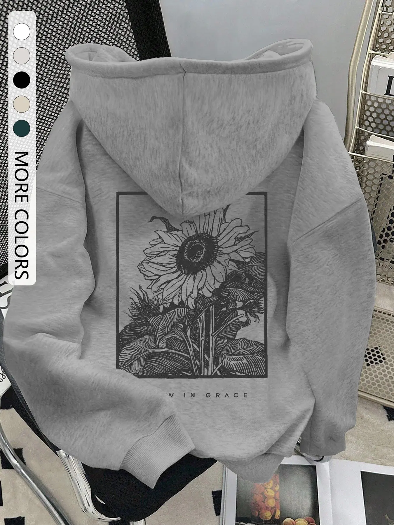 Vintage Sunflower Line Art Hoodie, Double-Sided Print Loose Fit Casual Hooded Sweatshirt, Streetwear Street Style Lazy Pullover, Unisex Couple Tops, Casual Hooded Sweatshirts
