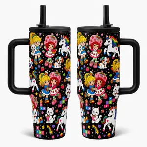 1pcs 40oz Vintage Strawberry Shortcake Rainbow Brite Tumbler with Handle and Straw, Black Background Retro Cartoon Unicorn Cat Puppy Seamless Print Insulated Travel Mug, Large Capacity Stainless Steel Water Cup for 80s Nostalgic Fans Girls Birthday Gift
