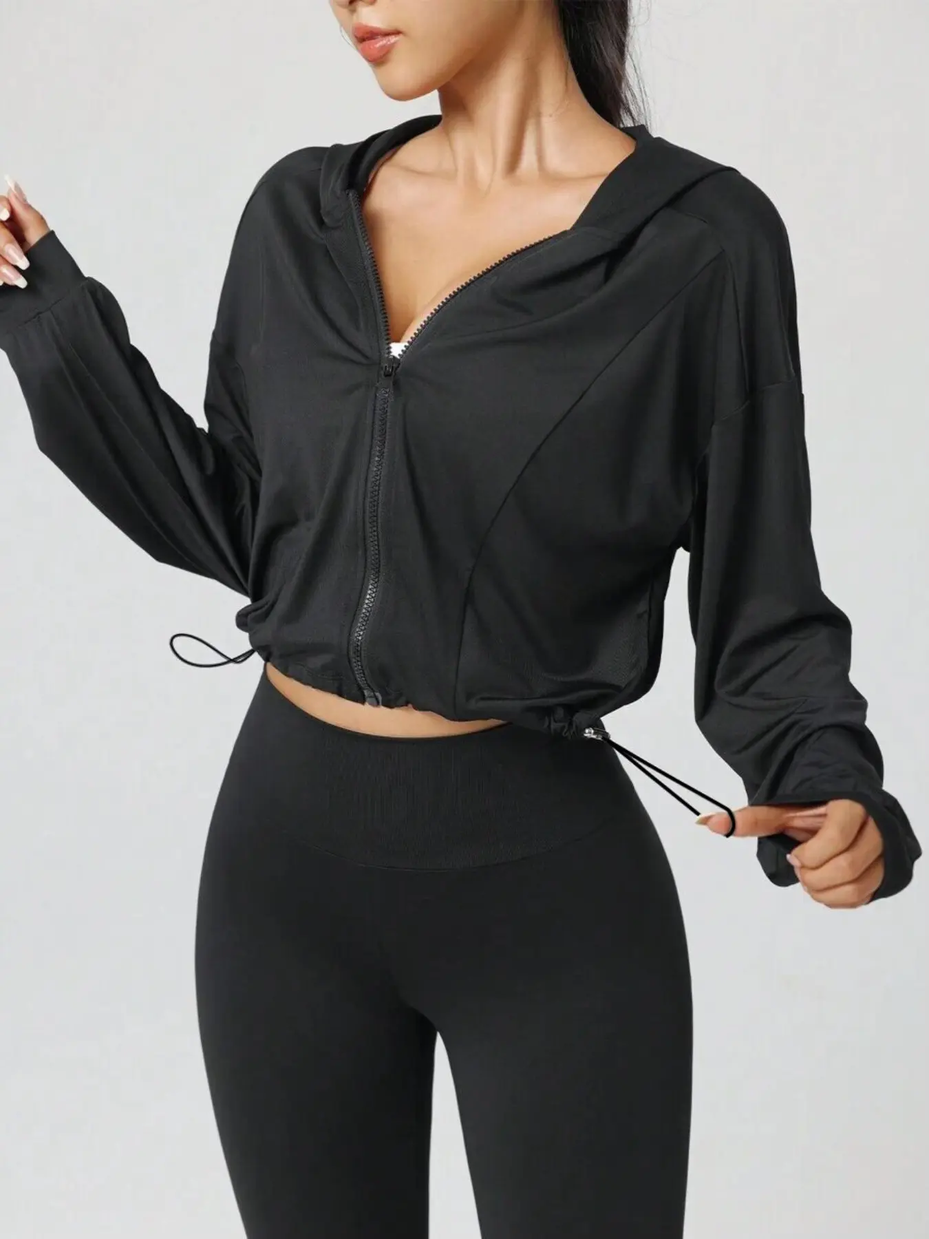 Women's Trendy Zipper Hooded Short Jacket, Sport Outerwear, Adjustable Drawstring Hem Sportswear, Casual Fitted Plain Top for Outdoor Fitness