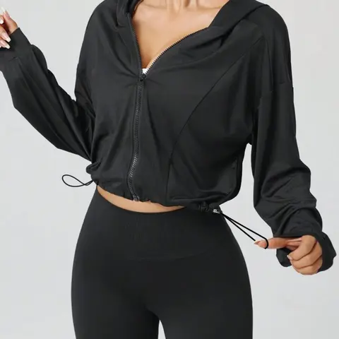 Women's Trendy Zipper Hooded Short Jacket, Sport Outerwear, Adjustable Drawstring Hem Sportswear, Casual Fitted Plain Top for Outdoor Fitness