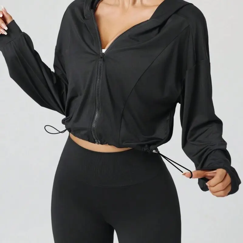 Women's Trendy Zipper Hooded Short Jacket, Sport Outerwear, Adjustable Drawstring Hem Sportswear, Casual Fitted Plain Top for Outdoor Fitness