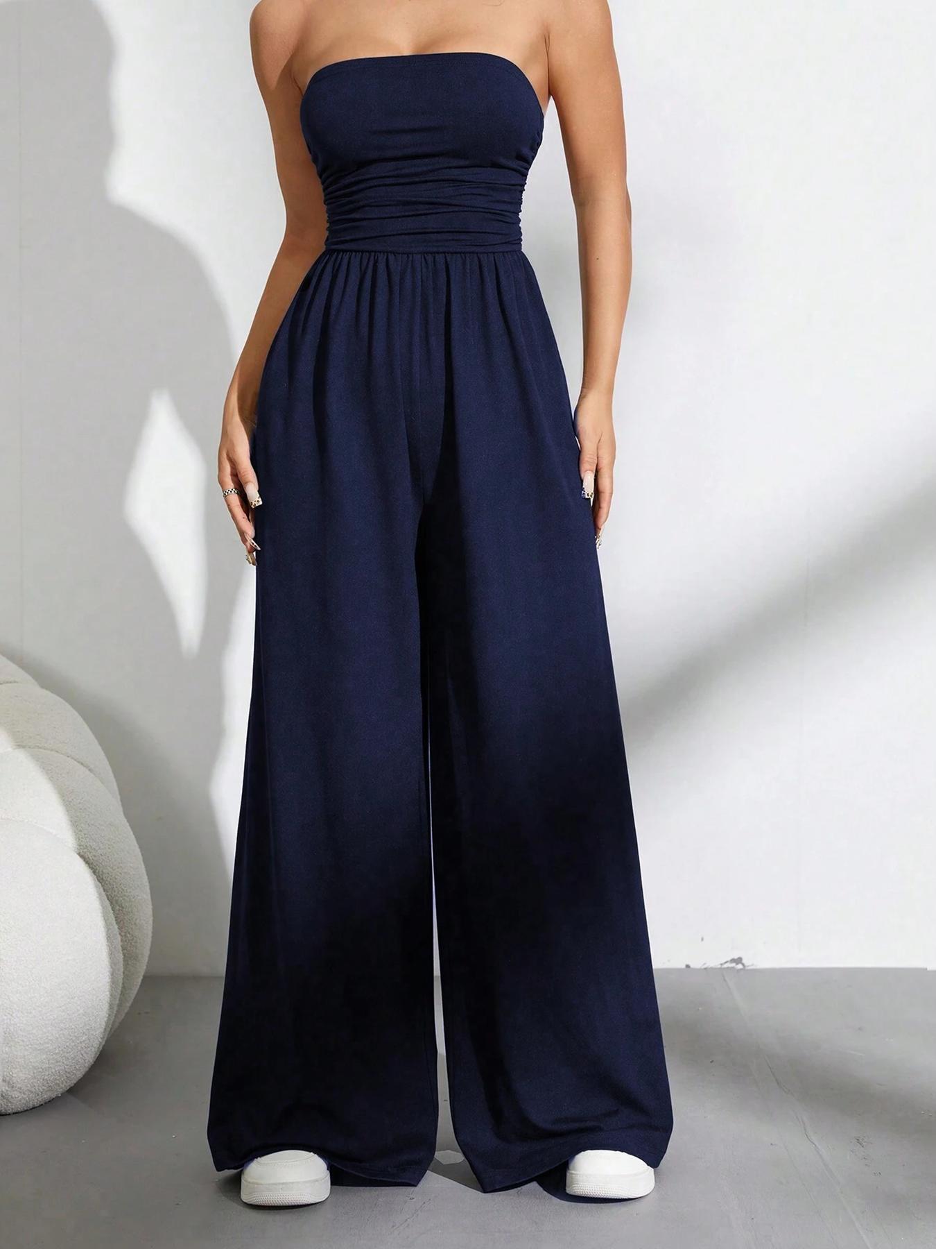 Women's Solid Color Tube Jumpsuit, Casual Fashion Jumpsuit for Daily Wear, Women's Jumpsuit for Summer, Casual Jumpsuits