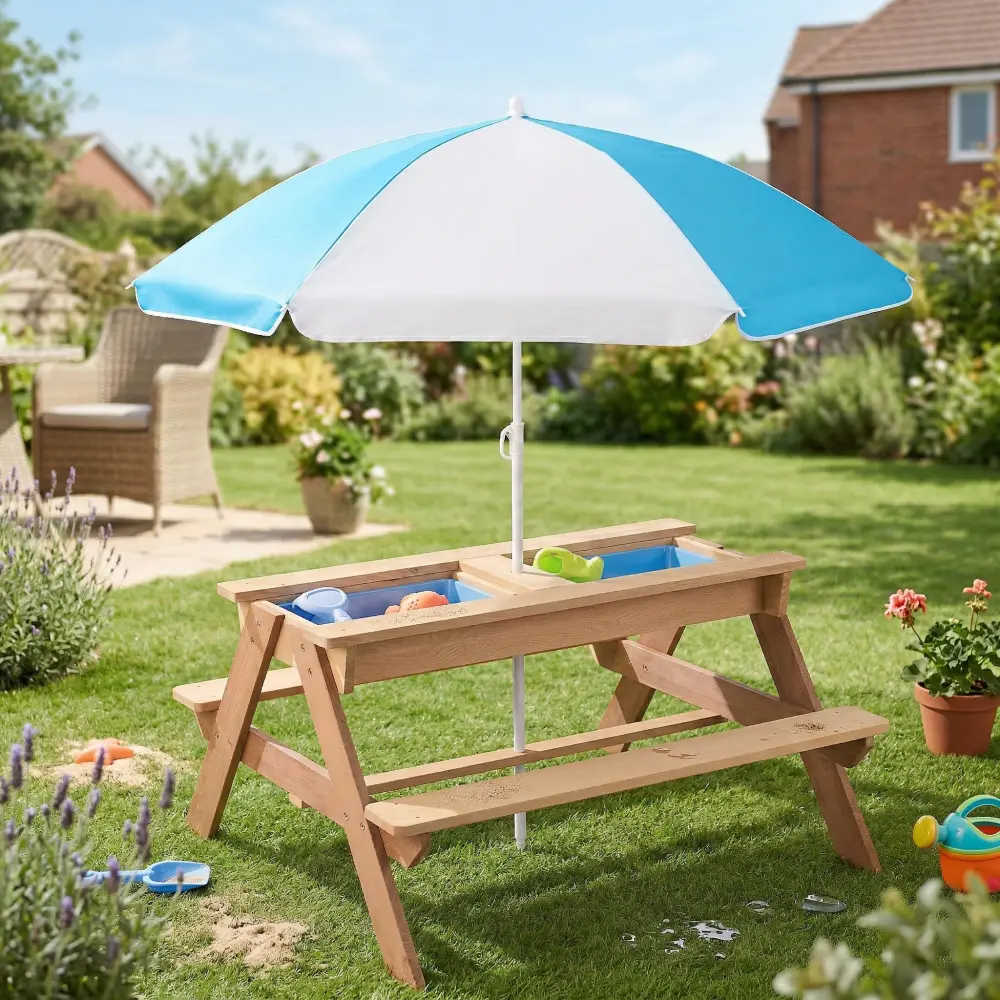 3-in-1 Kids Outdoor Wooden Picnic Table with Umbrella, Convertible Sand and Water Table, Children’s Patio Activity Table and Bench Set for Backyard, Garden, Beach and Playroom, Gray, ASTM & CPSIA Certified