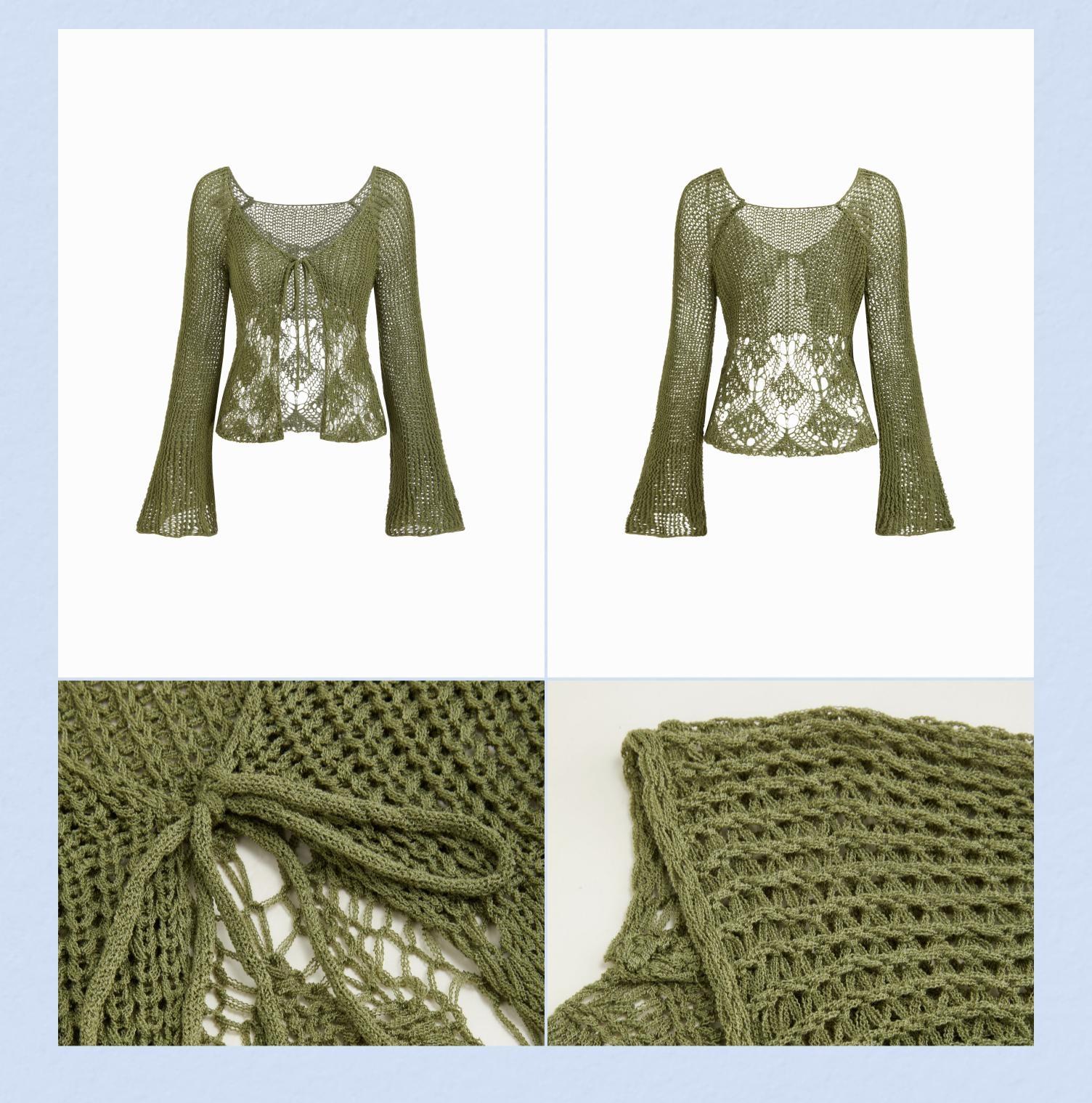 Cider Knit V-neck Bell Sleeve Hollow Out Knotted See-through Top