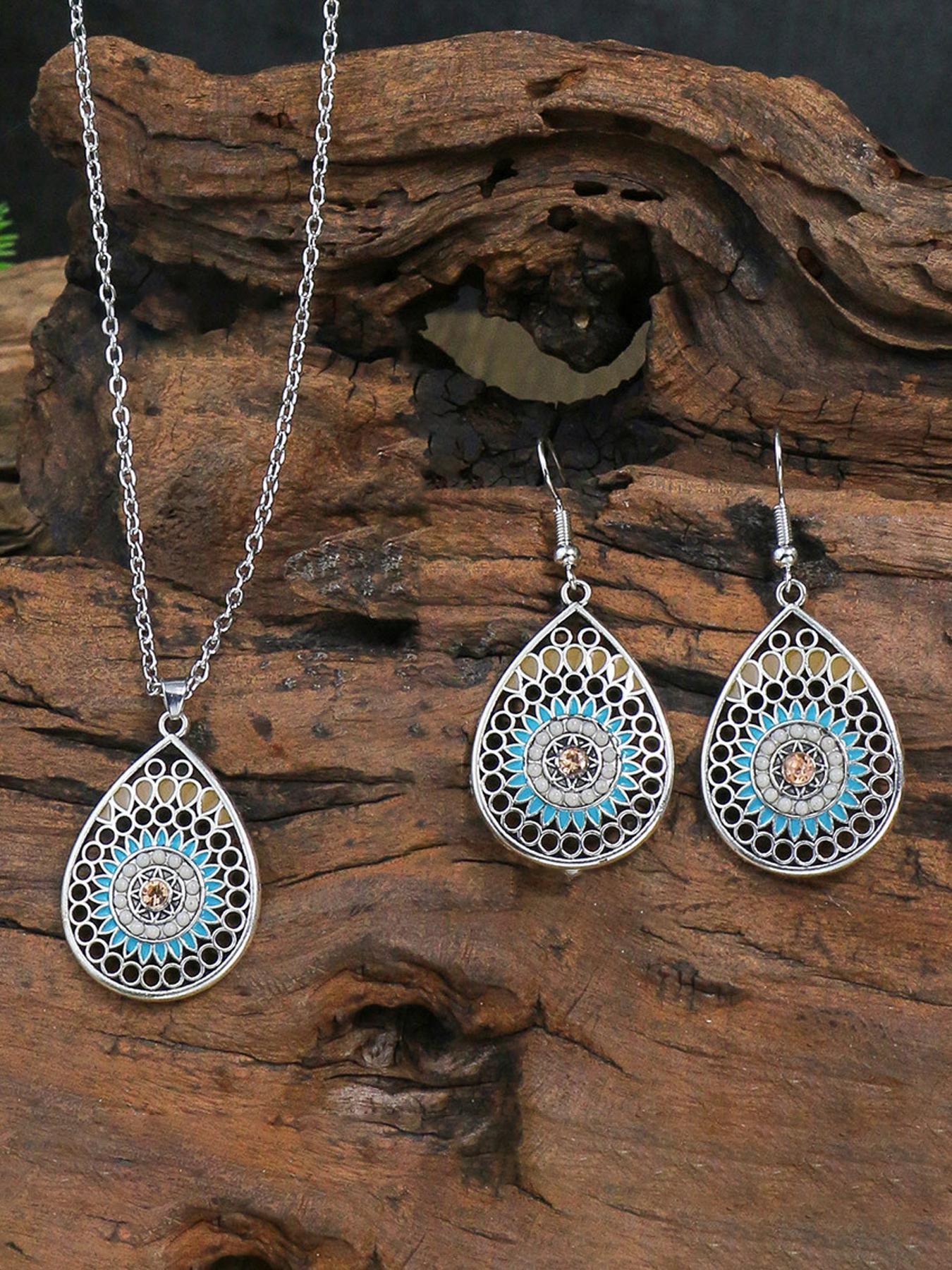 2pcs/set Boho Style Water Drop Shaped Pendant Necklace and Dangle Earrings, Vintage Style Ethnic Pattern Design Dangle Earrings, Fashionable Jewelry Set, Fashion Zinc Alloy Jewelry Set for Women and Girls, Jewellery Gift Set