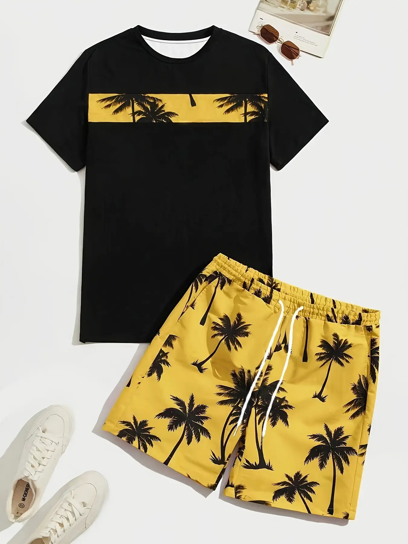 Men's short sleeved shorts two-piece set, spliced coconut tree print vacation set, loose and refreshing casual men's wear