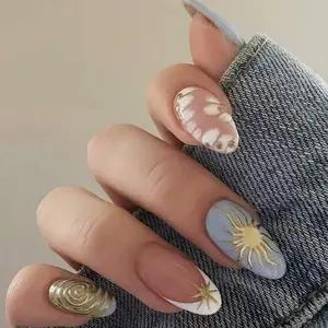 24pcs Haze Blue and Gold Foil Acrylic Press-On Nails, suitable for women and girls, fashionable summer nails, easy to wear, perfect for vacations and travel, a stylish nail product and travel essential