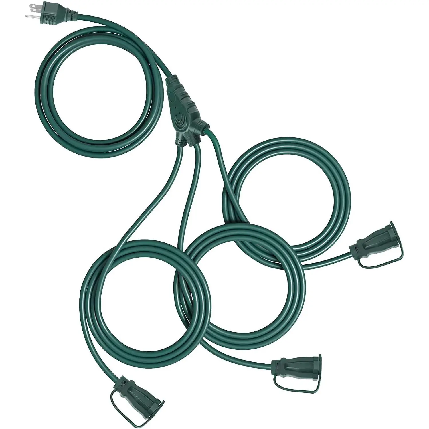 Outdoor Extension Cord with Multiple Outlets, 12 ft Green 1 to 3 Splitter Extension Cords, 16/3 SJTW Weatherproof Wire for Outdoor Lights and Holiday Decorations, ETL Listed