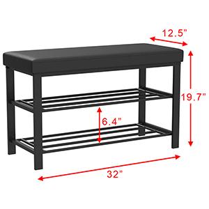 Entryway Shoe Rack with Cushioned Seat, Shoe Bench for Entry, 2 Shelves Storage Bench w/Faux Leather Top Bed Bench, Black