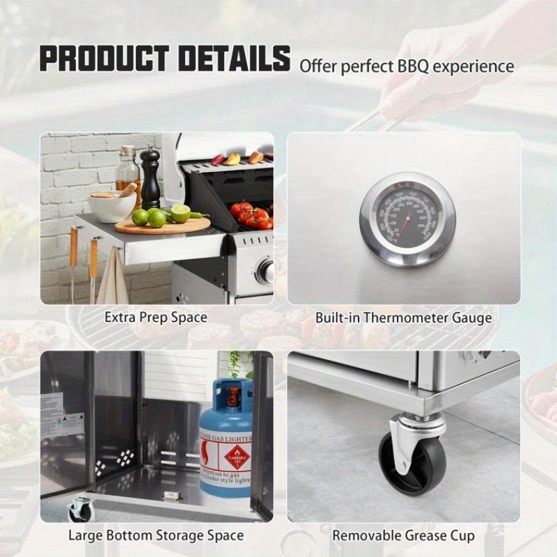 4-Burner Propane Gas Grill with 42, 000 BTU - Stainless Steel Body, Heavy-Duty Cast Iron Grates & Side Burner (Versatile Cooking), Silver Finish, Perfect for Patios/Backyards/Camping