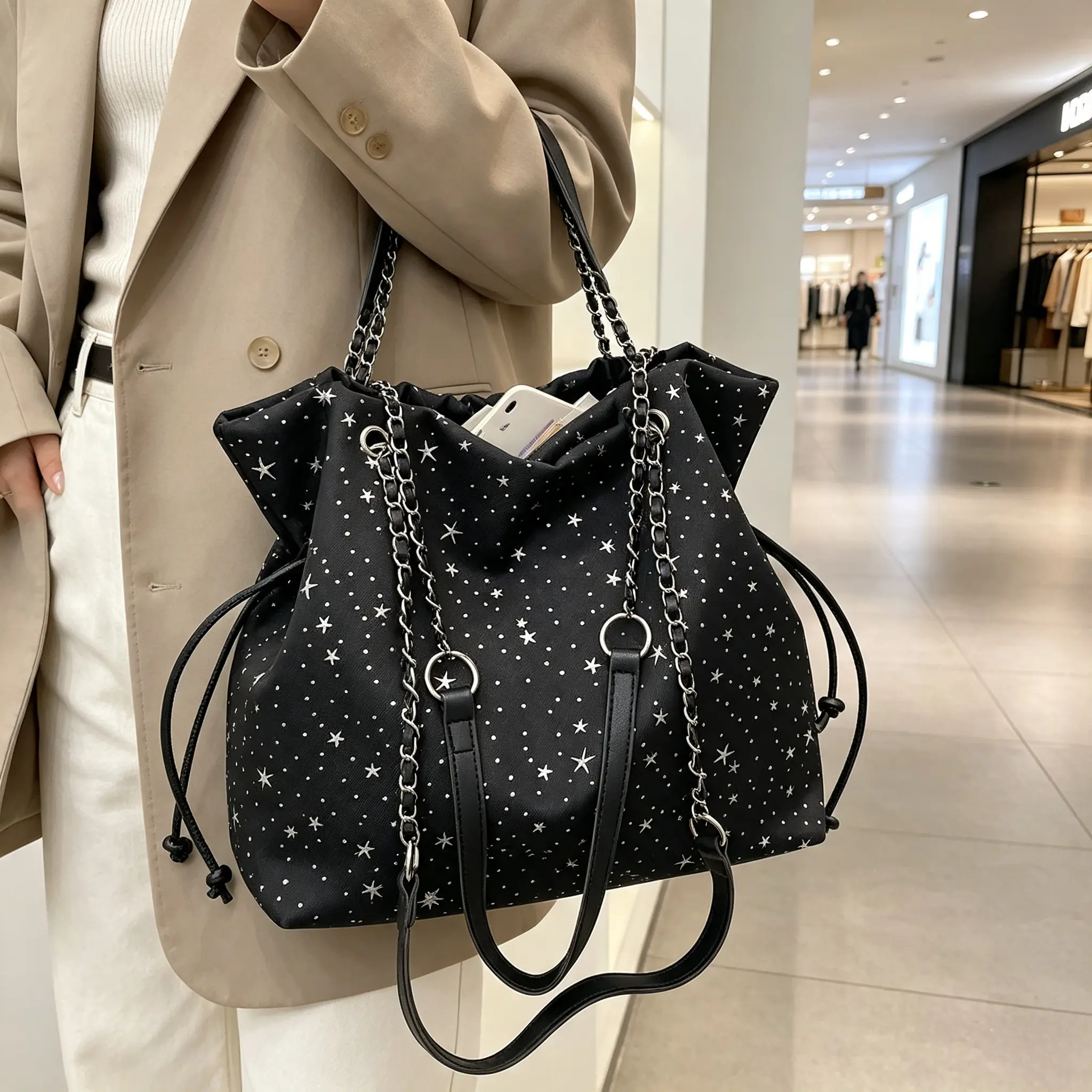 Star Print Drawstring Tote Bag For Women, Large Capacity Solid Color Chain Shoulder Bag, Sweet Casual Multi-Purpose Crossbody Handbag, Fashion Storage Purse For Commuting, Shopping, Travel & Daily Use