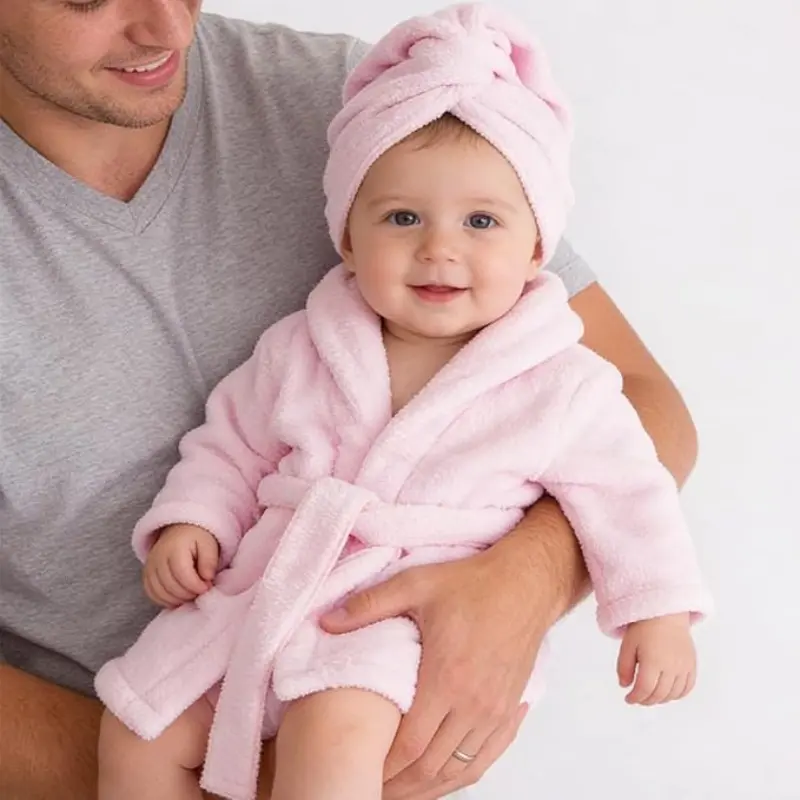 Newborn Photography Props for Baby Girl, Soft Flannel Bathrobe & Towel Set, Infant Photoshoot Outfits, Pink, 0-6M