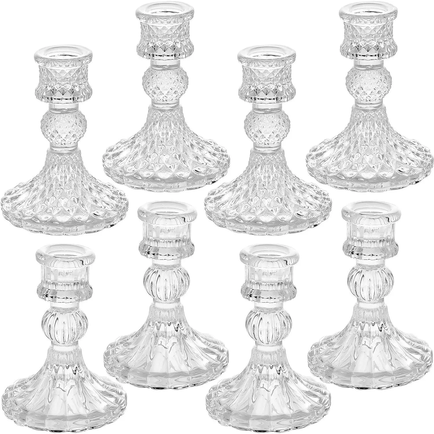 8 Pcs Clear Glass Candlestick Holders Set, 2 Styles Taper and Stripe for Formal Events Wedding Festival Church Party Decoration