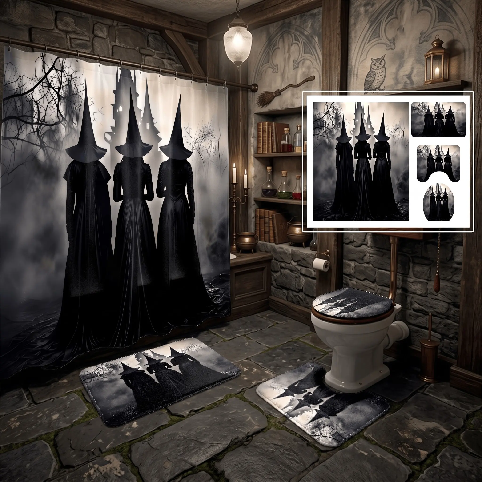 4pcs Gothic Halloween Bathroom Set, Shower Curtain & Rugs, The floor mat fabric is thicker and softer! Spooky Three Witches, Mysterious Castle, Home Party Decor