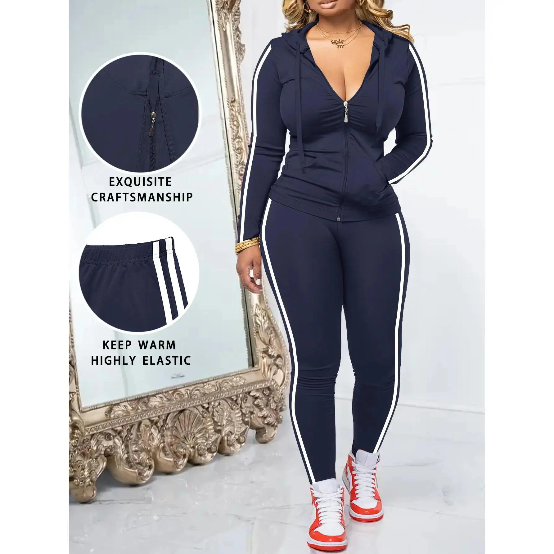 Women’s 2 Piece Zip Up Hoodie and Jogger Set, Long Sleeve Hooded Jacket with Drawstring Sweatpants, Casual Fitness Yoga Tracksuit, Outdoor Streetwear Matching Outfit, Minimalist Navy Blue