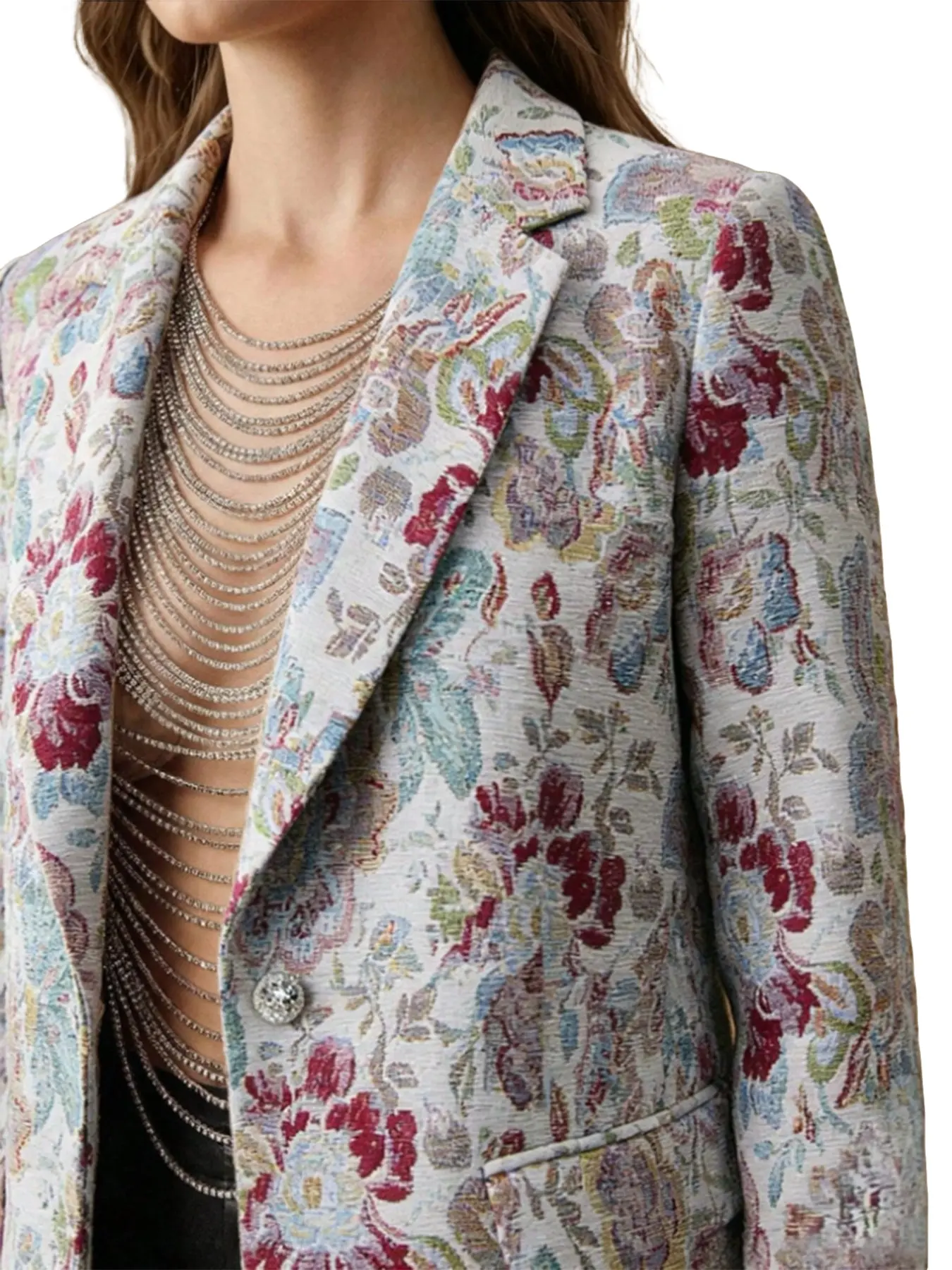 Women's Spring, French Romantic Floral Jacquard Long Sleeve Loose Fit Suit Jacket, Dressy Blazer, Elegant Blazer for Commuting, Daily Wear, Vacations, Dates, Valentine's Day