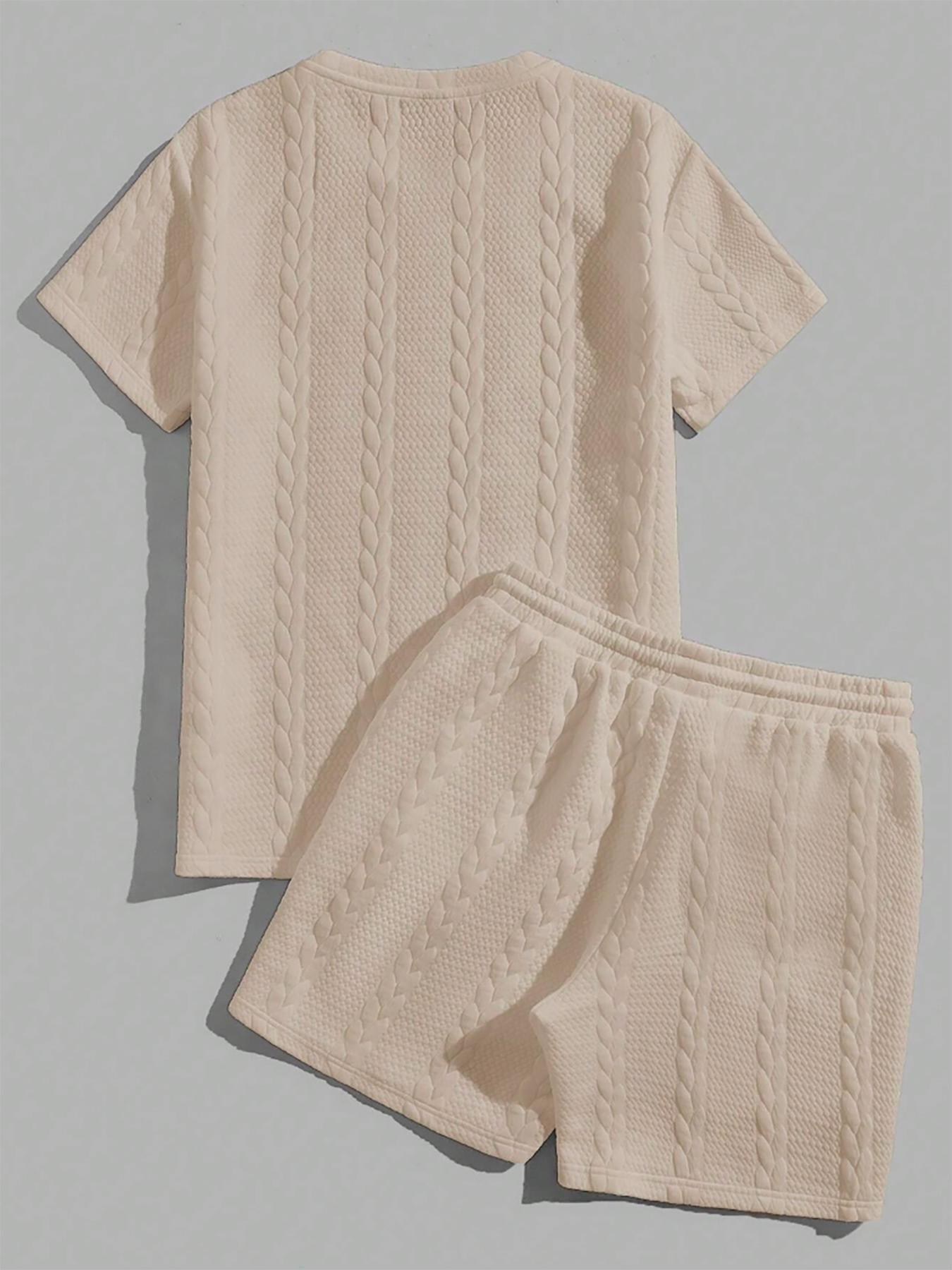 Men's Solid Textured Patched Tee & Drawstring Waist Shorts Set, Regular Fit Casual Round Neck Short Sleeve T-shirt & Pocket Shorts, Men's Summer Clothes