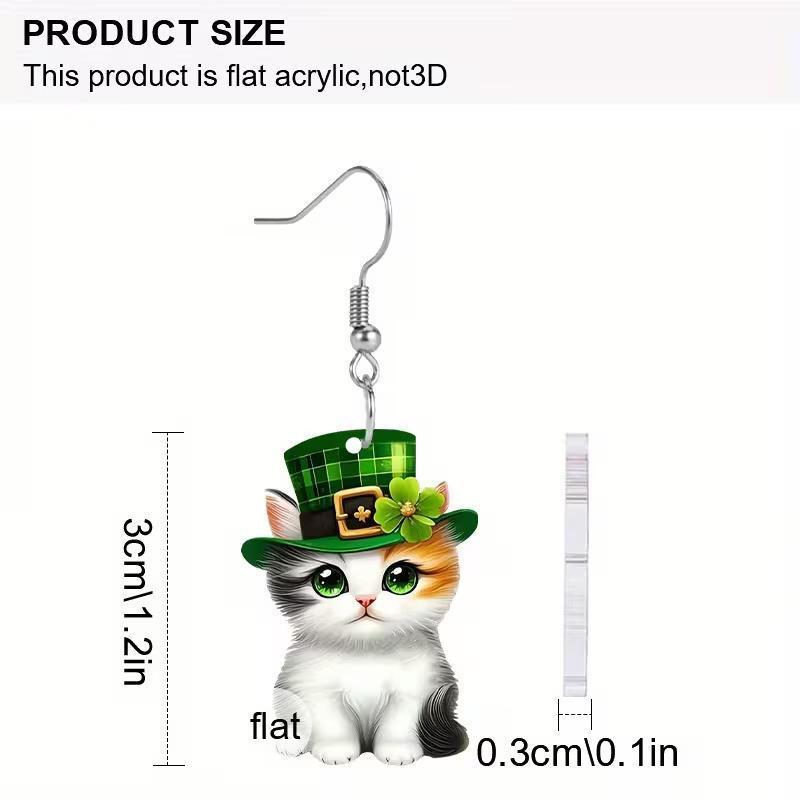 Irish St. Patrick's Day Cat Earrings 2D Flat Acrylic Creative Green Magic Hat Three Color Kitten Earrings Women's Festival Gift Irish St. Patrick's Day Cat Earrings 2D Flat Acrylic Creative Green Magic Hat Three Color Kitten Earrings Women's Festival Gift