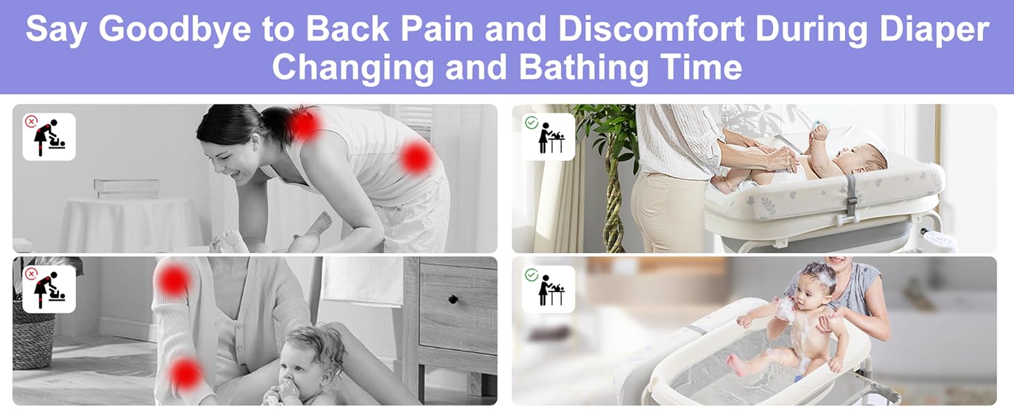 2-in-1 Baby Bathtub with Changing Table, Foldable Diaper Changing Station with 4 Wheels, Waterproof Pad, Storage Rack and Baby Bath Tub, Adjustable Height Portable Nursery Organizer for Newborn Infant