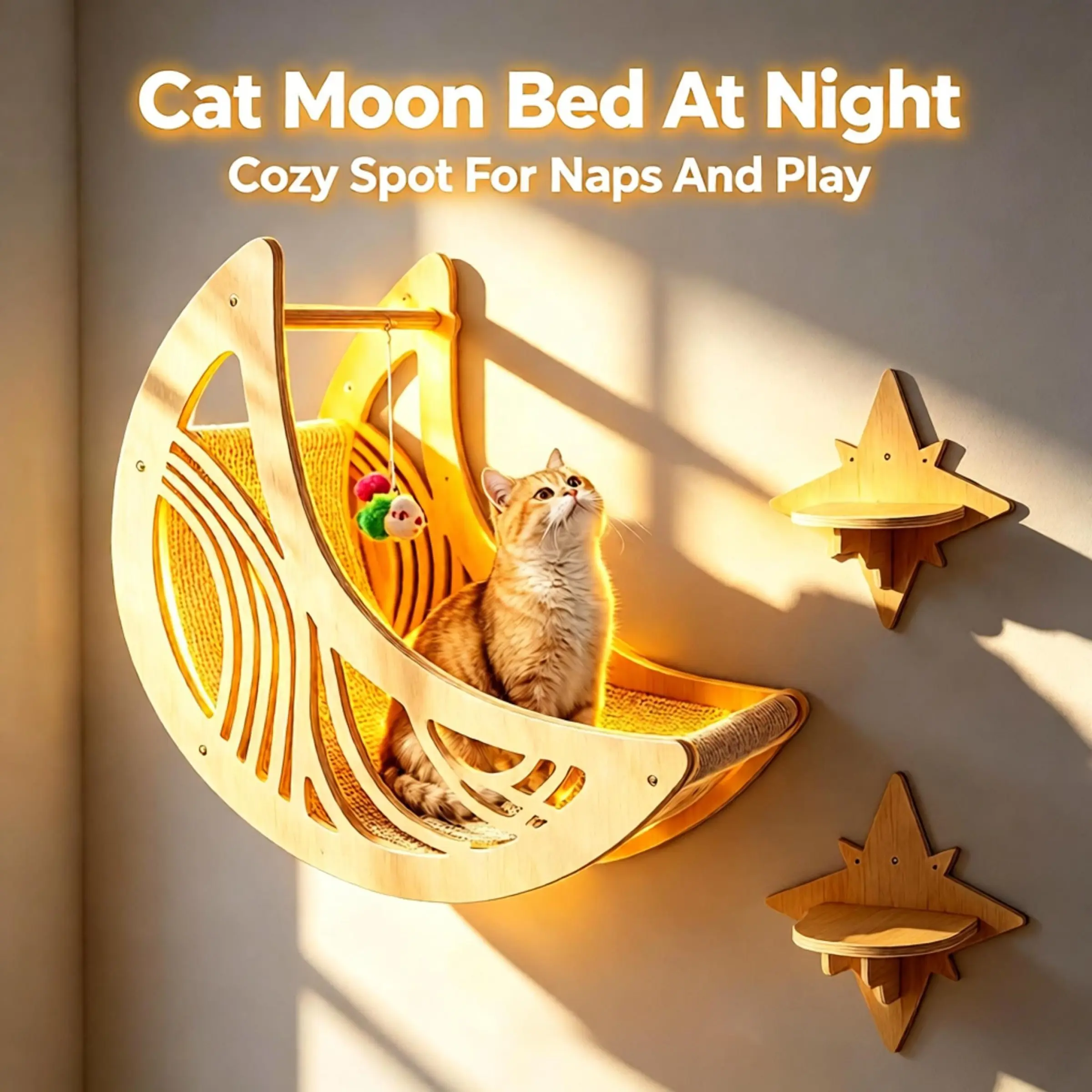Star Moon Wall-Mounted Cat Climbing Frame Set, Space-Saving Design, Durable Wood Material, Protects Furniture, DIY Installation, Ideal for Cats