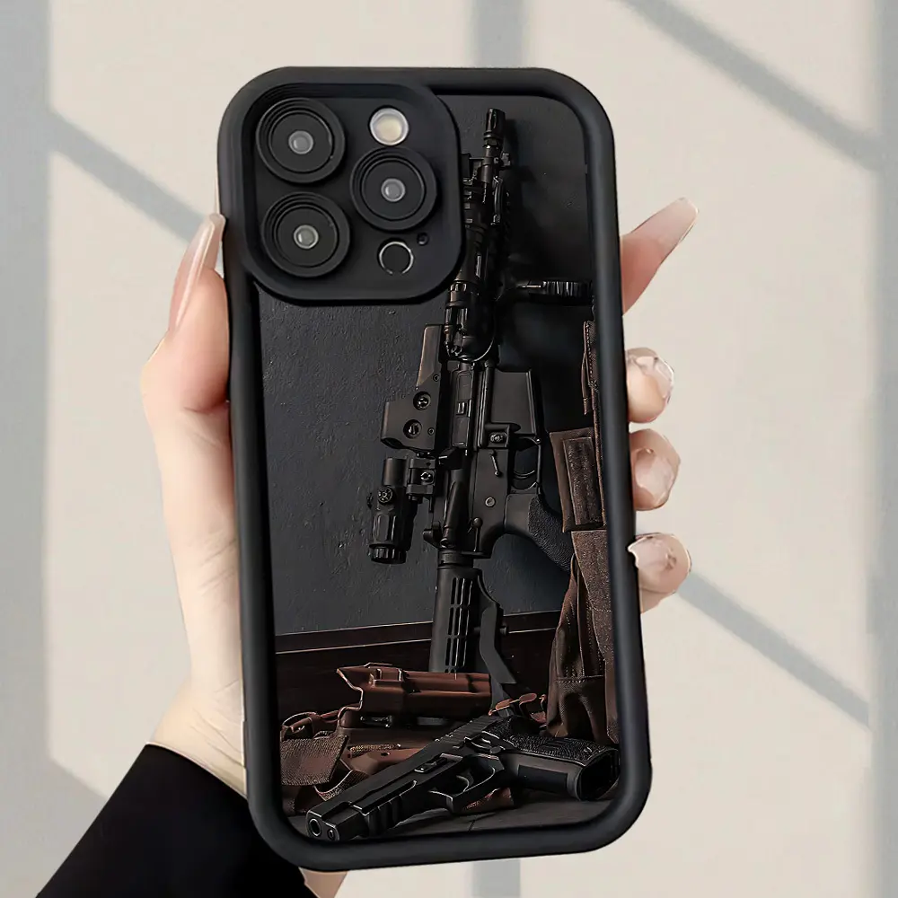 2D Printed Creative AK Gun Pattern Silicone TPU Shockproof Shell, Slim Cover for iPhone Series Multi-Model (17 Pro Max,16,16e,15,14 Plus,13,12 Mini,11,Air,X,XS) Durable Fashionable Phone Case