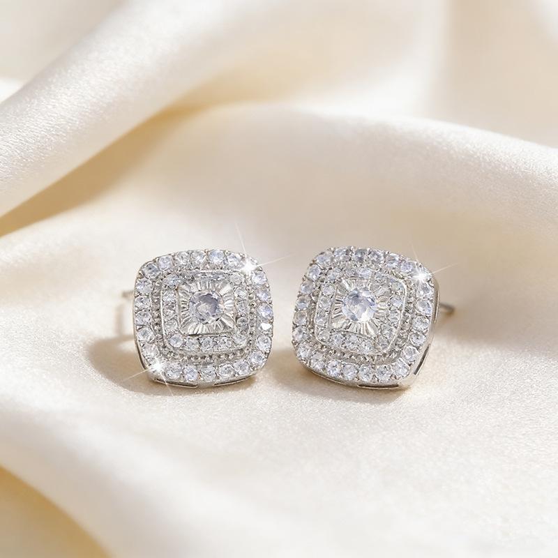 Elegant micro-inlaid white zirconia stud earrings, suitable for women, vintage style, ultra-bright fully inlaid square earrings