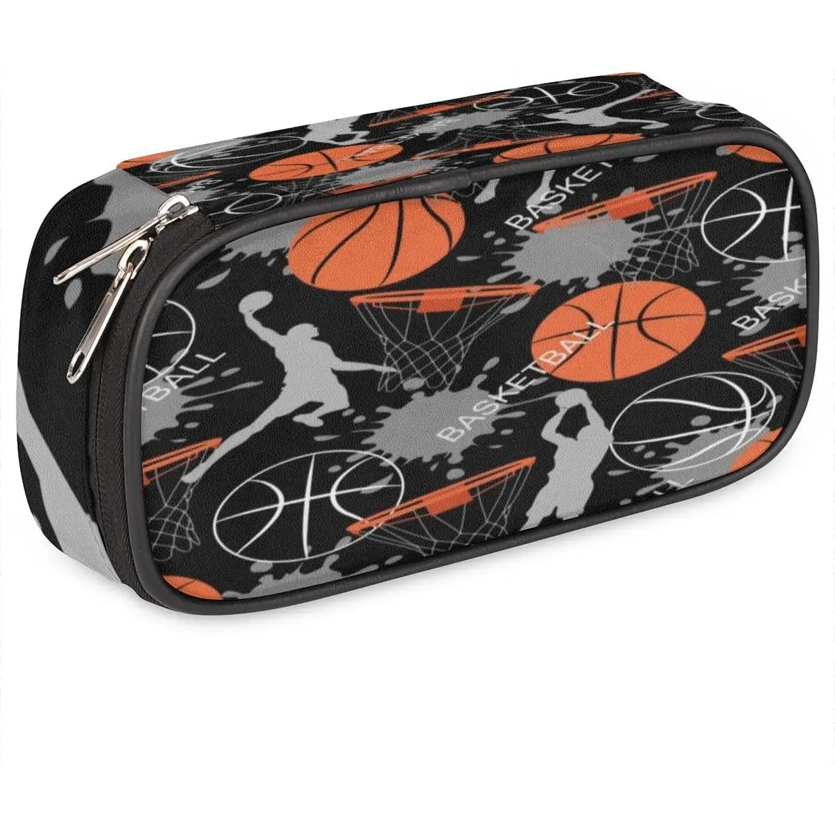 Basketball Big Capacity Pencil Pen Case Basketball Print Large Pencil Pouch with Zipper Compartments Pencil Bag for Boys Girls Adults Student Office School Supplies