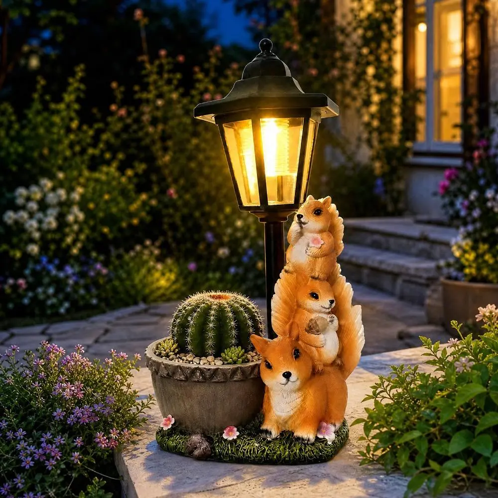 3 Stacked Solar Outdoor Statues with Lantern, Rainproof Resin Figurines, Ideal Birthday/Housewarming  for Yd Porch Garden Decor, Festive Party Ornament grandpa gift