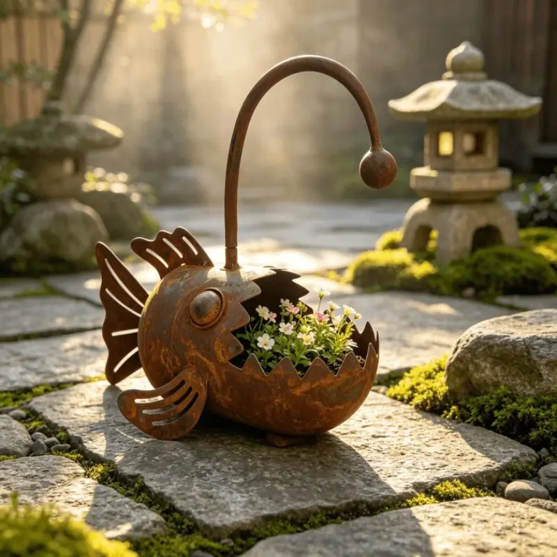 Vintage Iron Lantern Fish Mouth Planter, Rustic Outdoor Garden Decor, Succulent Flower Pot, Creative Gardening Container, Balcony Patio Ornament, Metal Planters For Outdoors