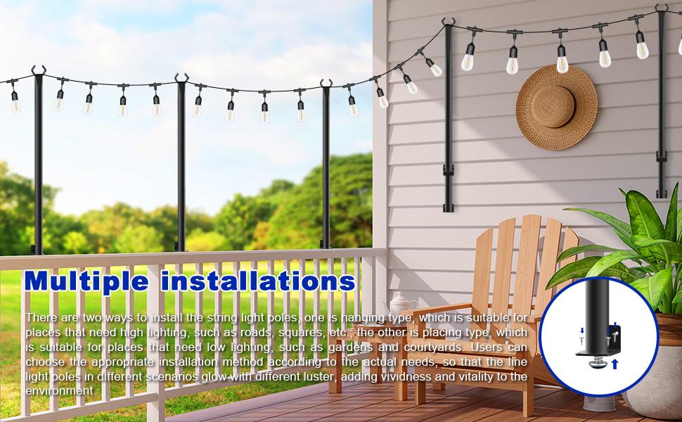 2-8Pack 5 Ft String Light Poles, String Light Poles for Outside with Fixing Clips,Metal Poles for Outdoor String Lights, Hanging Light Poles for Deck Fence Garden Backyard Wall Bistro