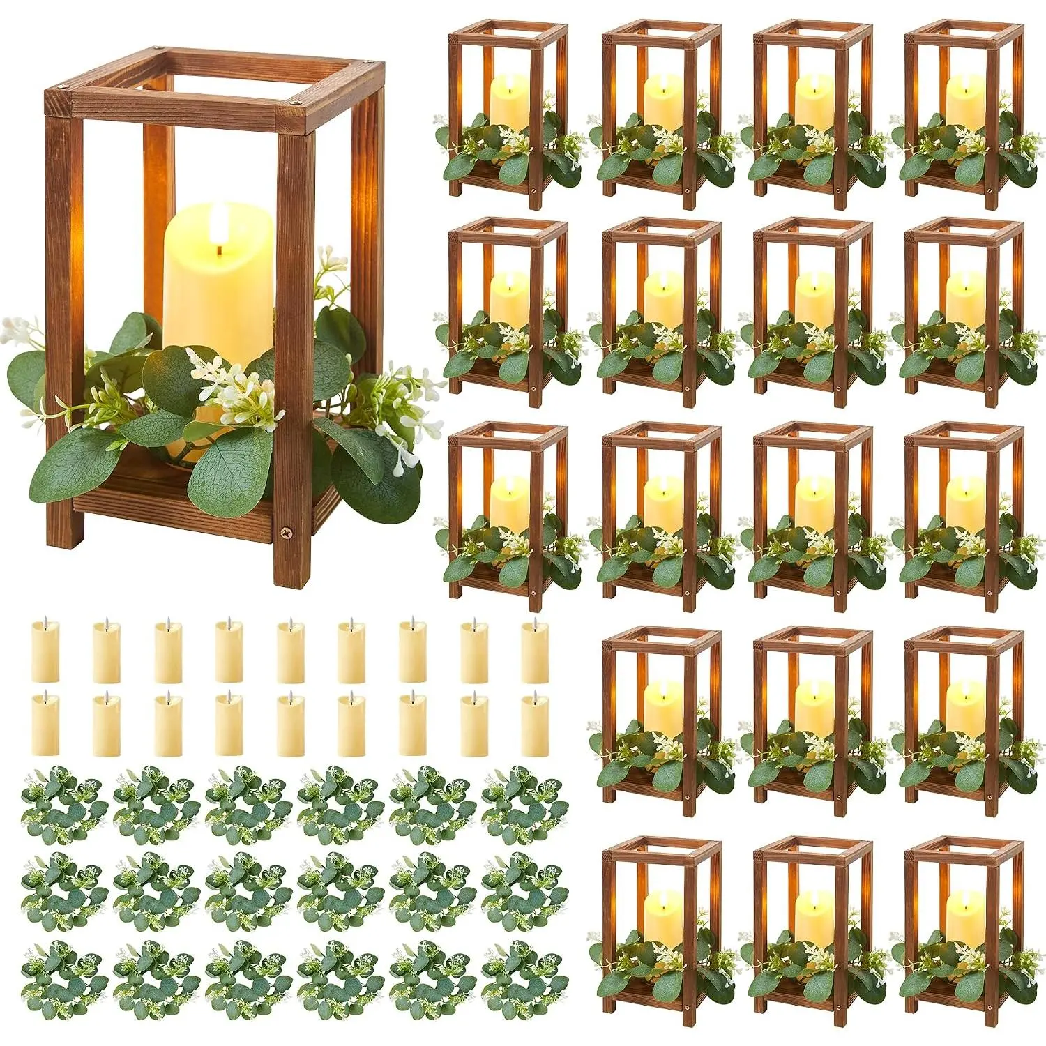 54 count/18 Set Wooden Wedding Lantern Centerpiece, Wooden Centerpieces for Tables-with 18 Holders 18 Candles 18 Wreaths for Rustic Table Decoration Country Barn Wedding Party (Brown)