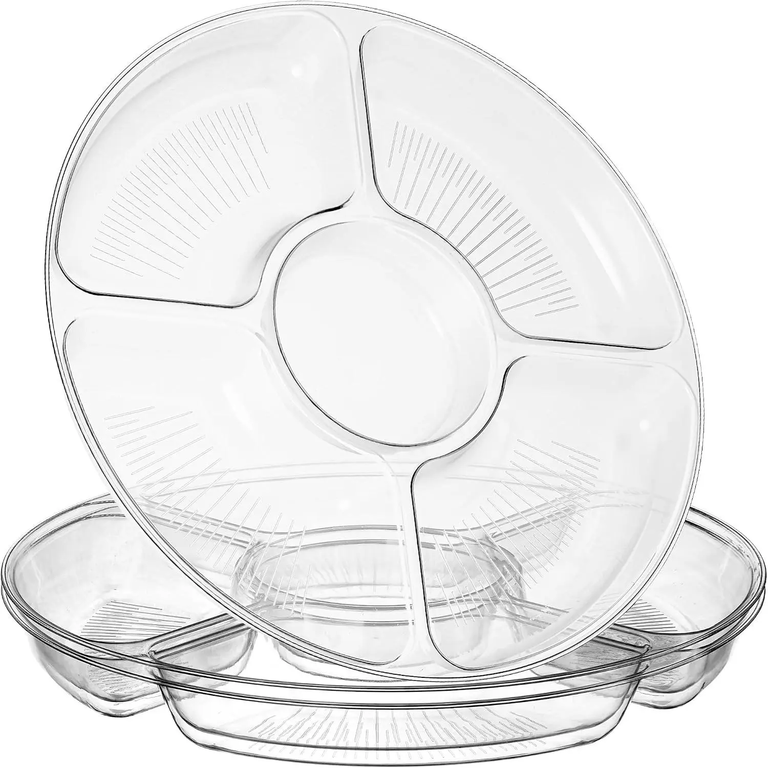 5 Sectional Round Plastic Heavy duty Serving Tray/Platters Clear Pack of 2